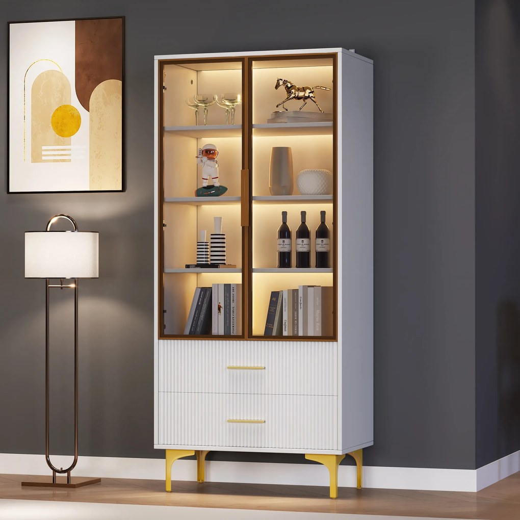 Vitrină Elegantă din Sticlă, cu Picioare Aurii și Rafturi Reglabile, Iluminare LED Multicoloră, potrivită pentru living, birou, 70x35x150 cm, Albă