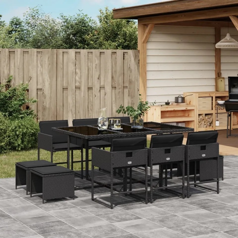 Set mobilier de exterior cu perne, 11 piese, negru, poliratan