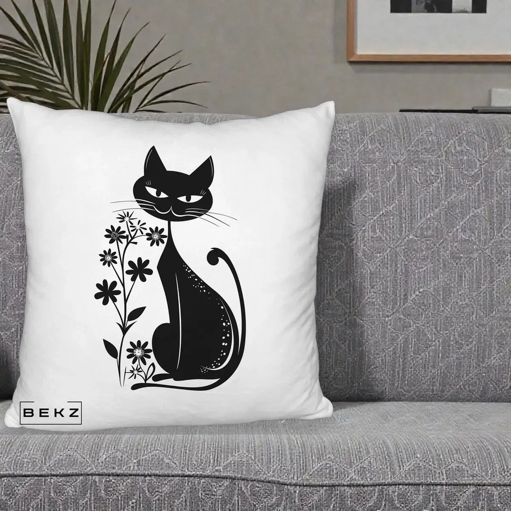 Perna decorativa Pisica Neagra Grafica Minimalista, 40x40 cm cu Umplutura, Alb Pufos, BEKZ