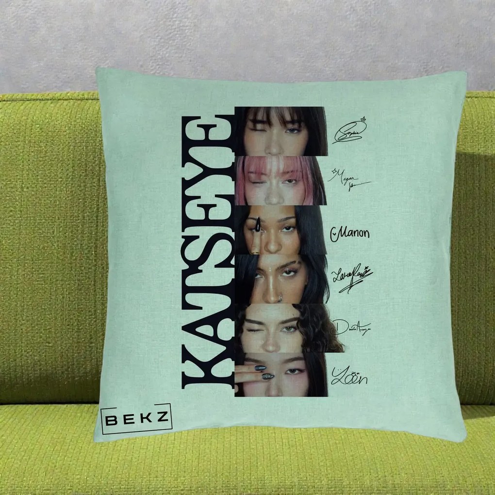 Perna Personalizata K-pop KATSEYE Semnaturi Membre Foto, 40x40 cm, Verde Menta, Husa Detasabila, Perna Inclusa, BEKZ®
