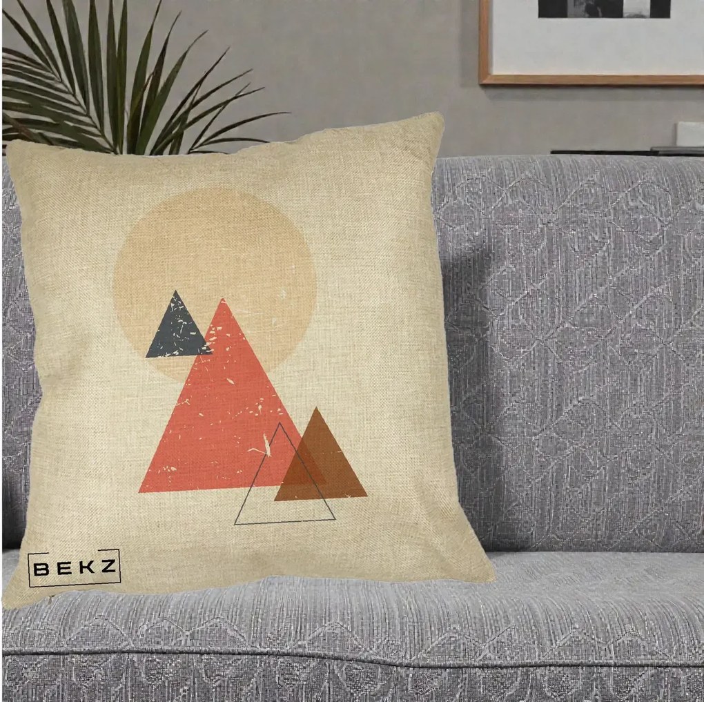 Perna Decorativa Geometric Munti si Soare, 40x40 cm, Crem, Husa Detasabila, Perna Inclusa, BEKZ®