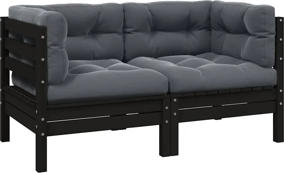 vidaXL Canapea de grădină cu 2 locuri, cu perne, negru, lemn masiv pin