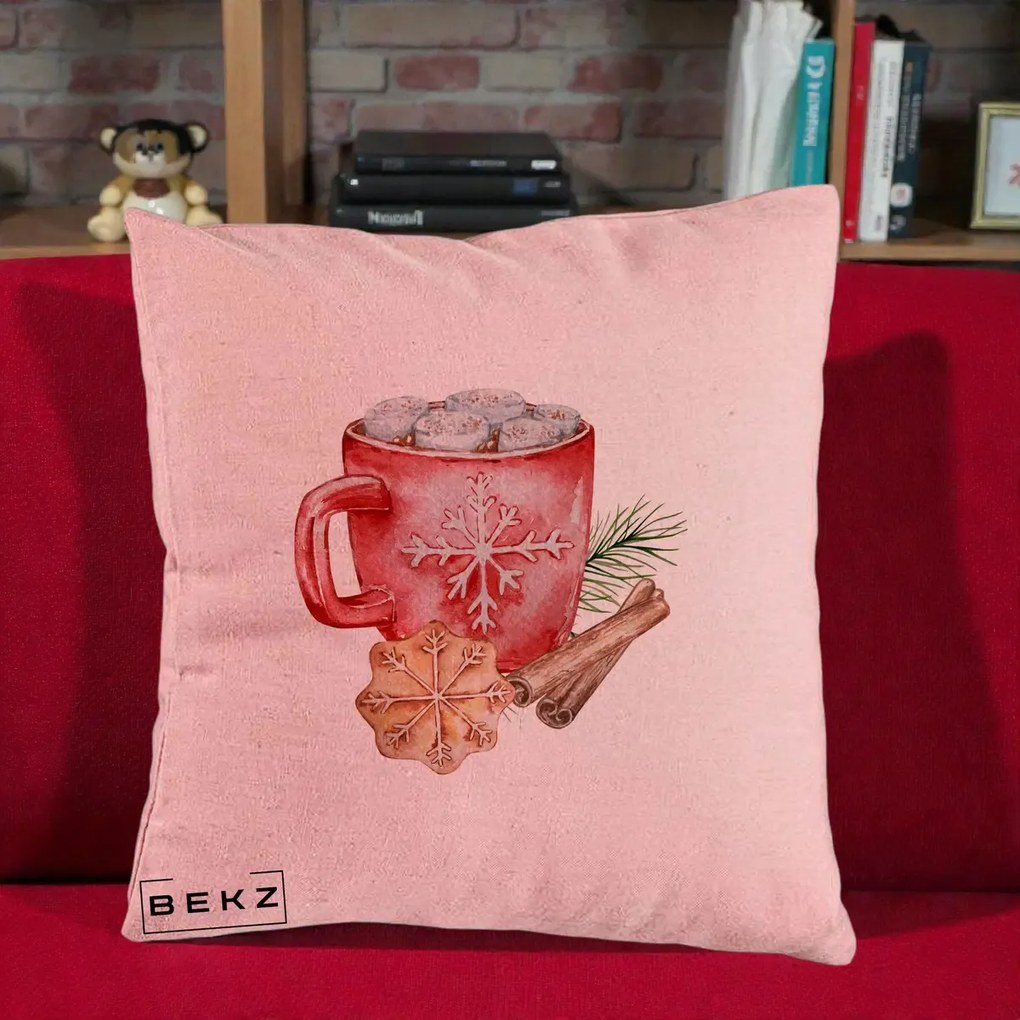 Perna Decorativa Cacao de Iarna cu Biscuit, 40x40 cm, Roz, Husa Detasabila, Perna Inclusa, BEKZ®
