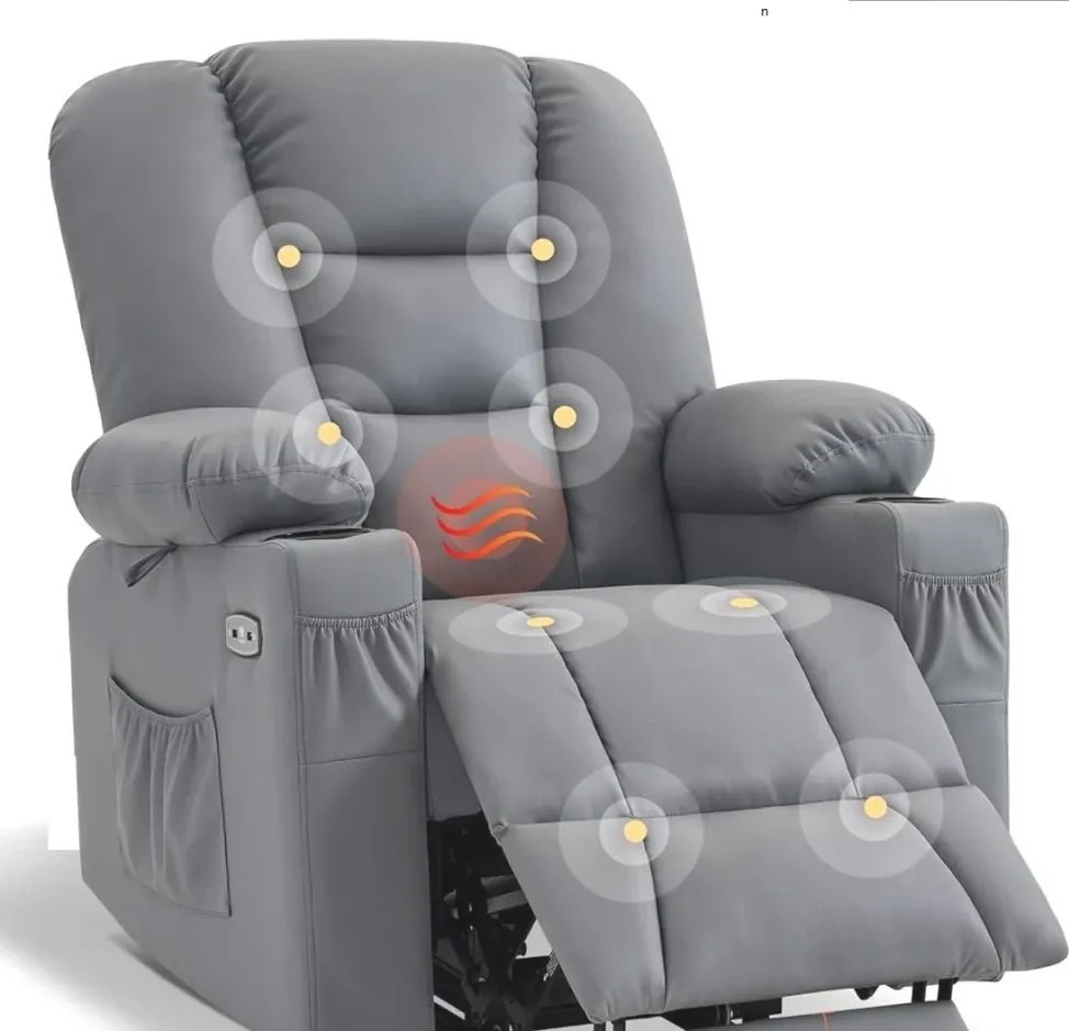 RESIGILAT- Fotoliu Electric Power Lift&Recliner, ridicare și rabatare, masaj și incalzire, porturi USB, suporturi pentru pahare, buzunare laterale, telecomenzi, PU, Gri