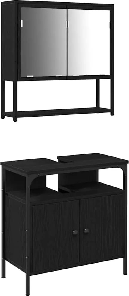 vidaXL Set de mobilier pentru baie cu raft 2 pcs Negru Lemn compozit