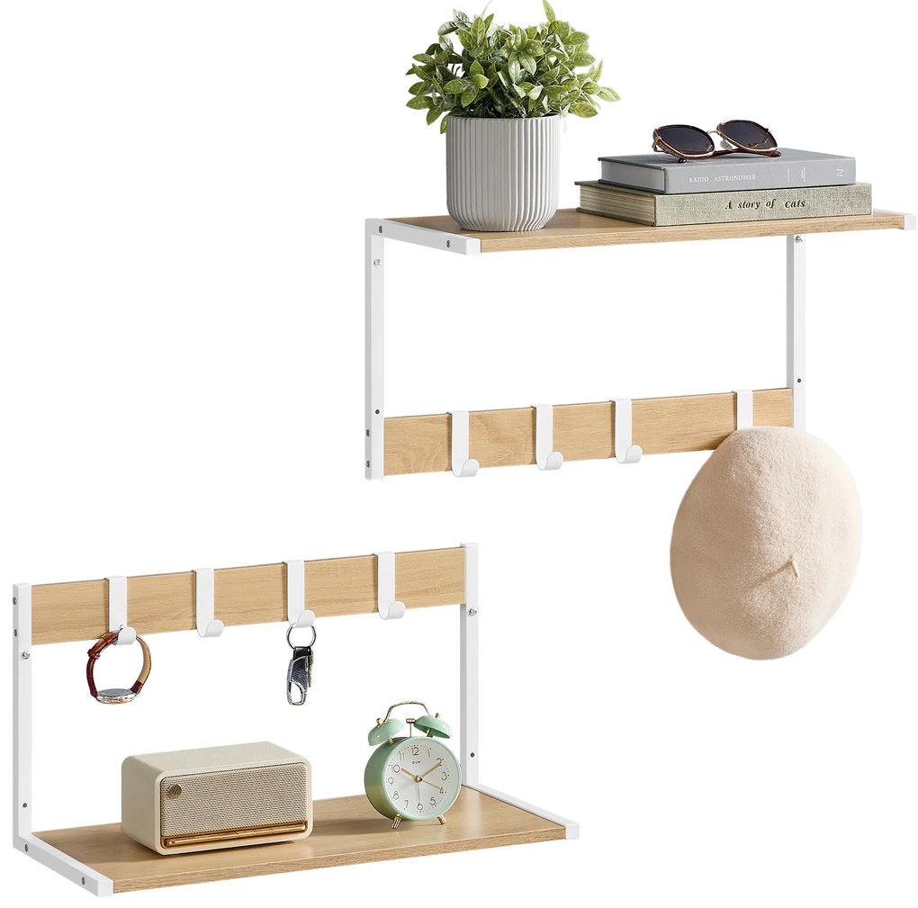 Polita de perete cu carlige VELORY set 2 buc 50x24,2 cm, alb/dub sonoma