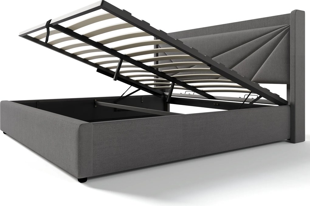 Pat dublu cu ladă de depozitare, funcție de încărcare USB Tip C, din bumbac și in, fără saltea, 160x200 cm, Gri
