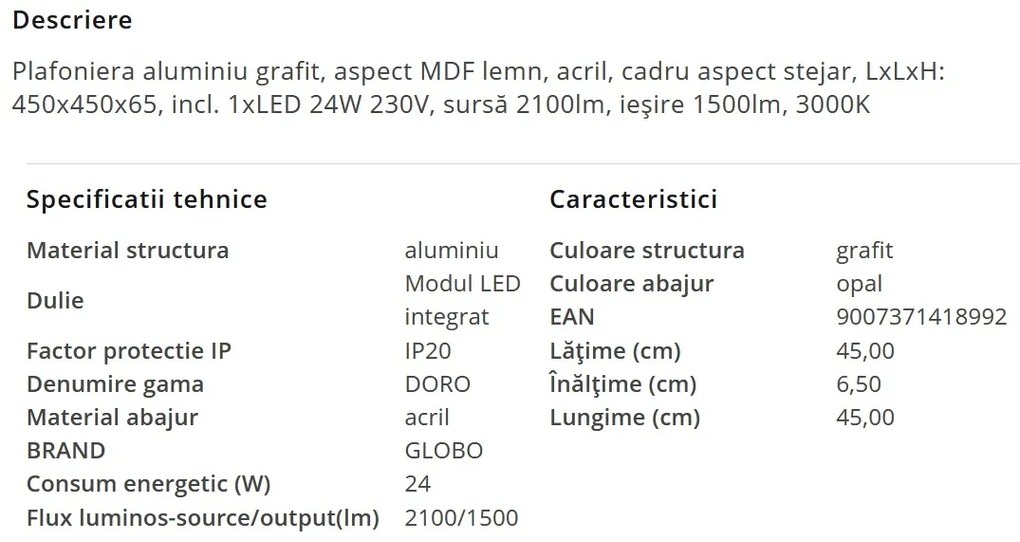 Plafoniera LED cu aspect lemn design slim DORO 24W