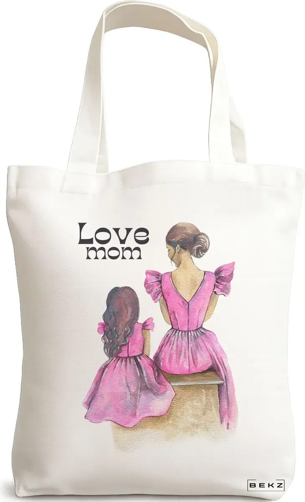 Sacosa de Panza pentru Cumparaturi, Geanta Tote, model Love Mom, 38x34.5 cm, Alba, BEKZ®
