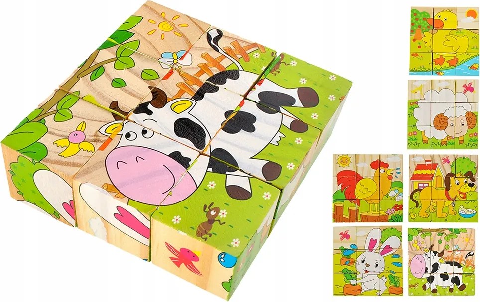 Set 6 in 1 cuburi Puzzle din lemn pentru copii, 6 imagini