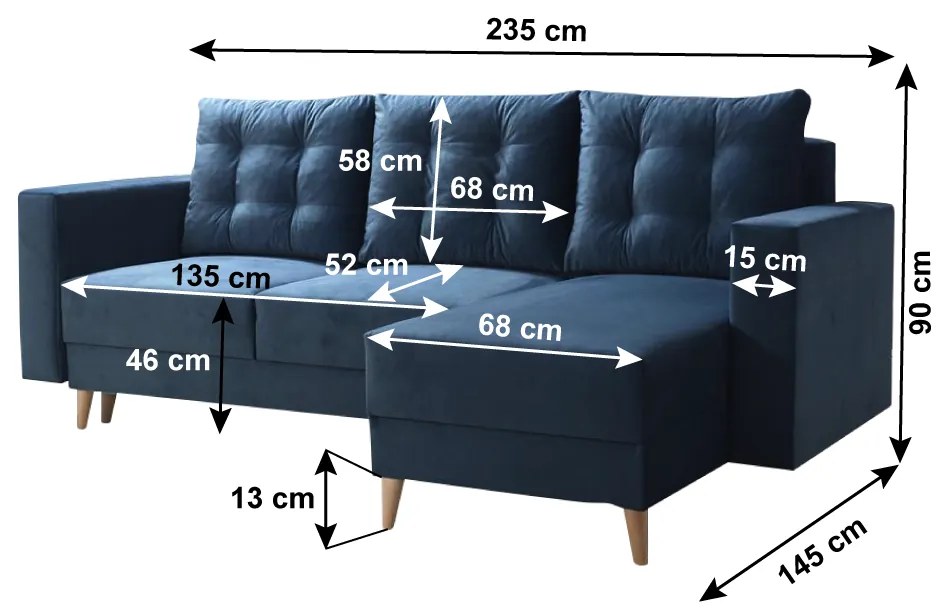 Canapea extensibila, albastru, dreapta, BLEKY ROH