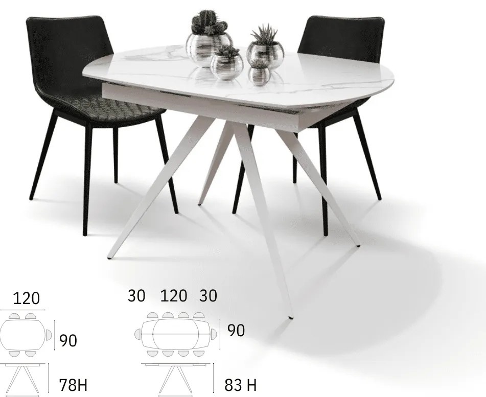 Masă Daisy Rotativă extensibilă, Sticlă ceramică-picior metalic - ALB STATUARIO - 120 cm / 90 cm h 77 cm