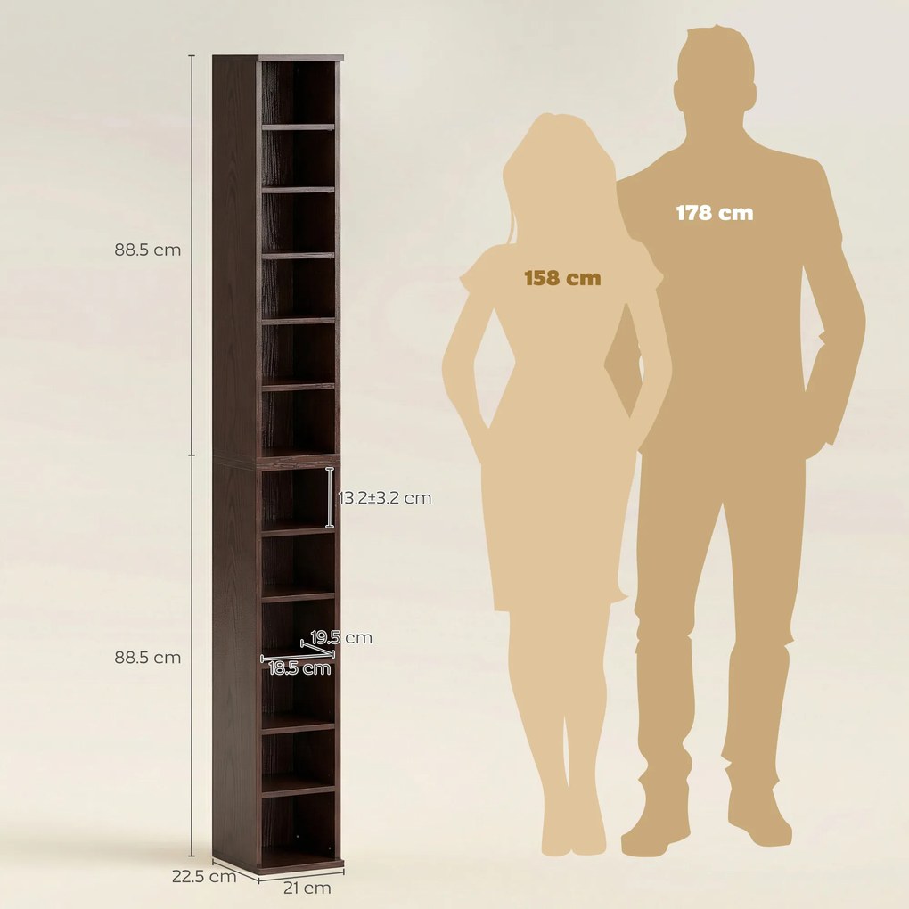 HOMCOM Set de 2 etajere coloane dulap de depozitare CD-DVD 12 compartimente 21 x 22,5 x 88,5 cm capacitate 204 CD-uri maro | Aosom Romania