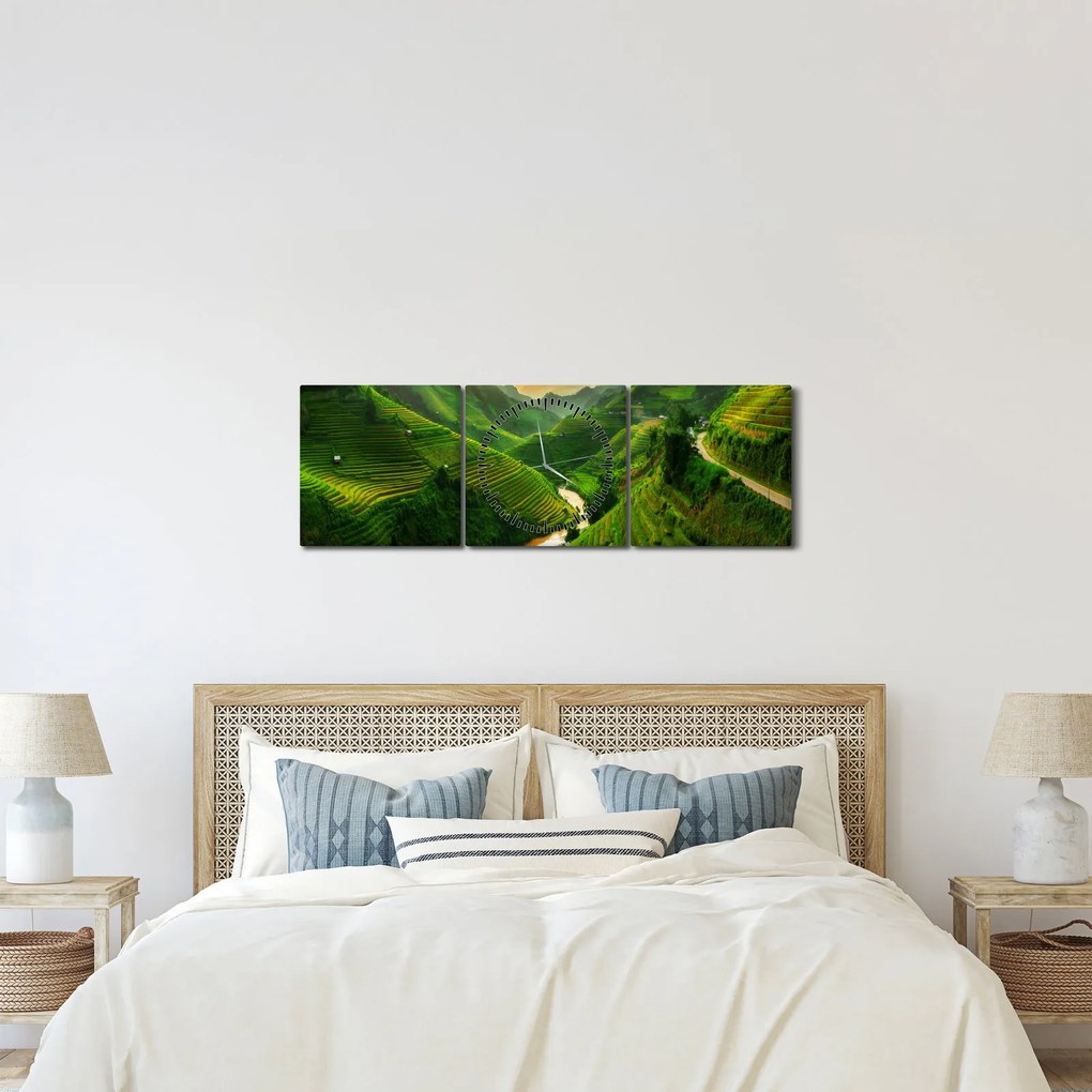 Tablou - Terase de orez Mu Cang Chai (cu ceas) (90x30 cm)