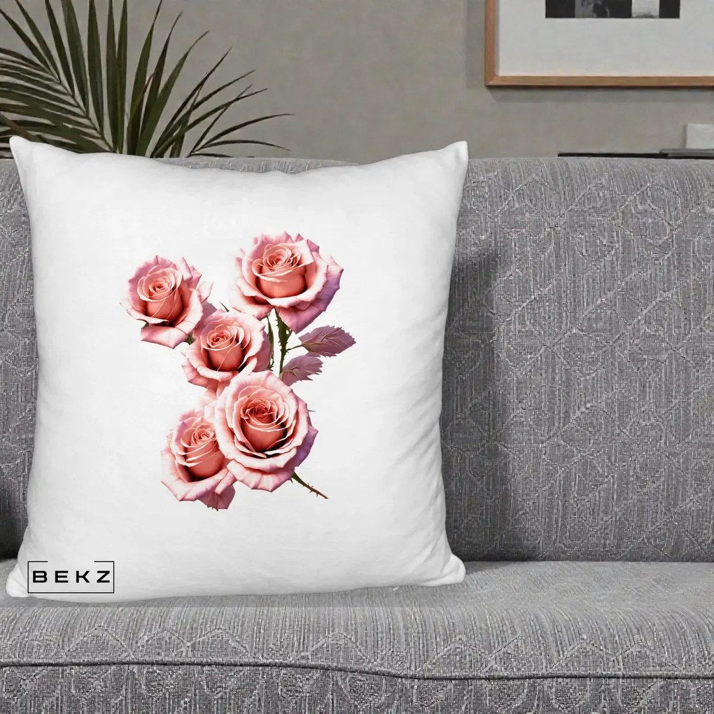 Perna Decorativa Trandafiri Roz Pastel Acuarela, 40x40 cm, Alb Pufos, Husa Detasabila, Perna Inclusa, BEKZ®