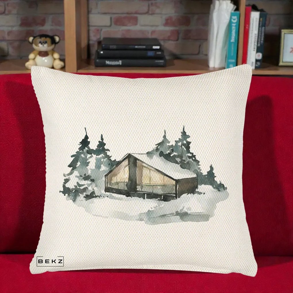 Perna Decorativa Cabana de Iarna in Padure, 40x40 cm, Crem Reliefat, Husa Detasabila, Perna Inclusa, BEKZ®