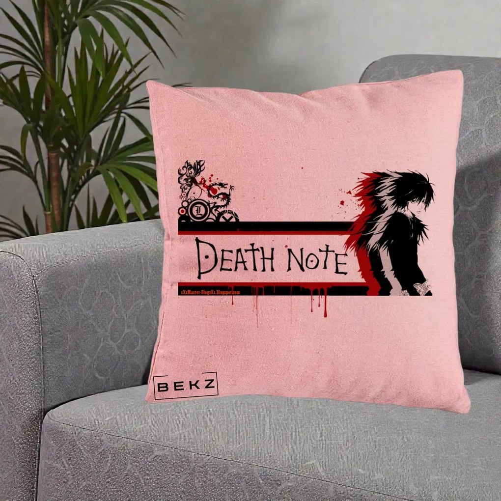 Perna Personalizata Death Note L Lawliet Rosu-Negru, 40x40 cm, Roz, Husa Detasabila, Perna Inclusa, BEKZ®
