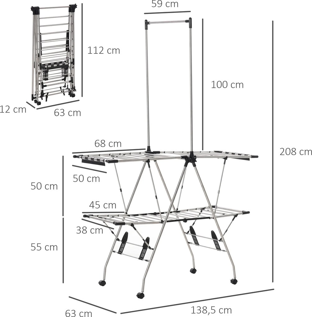 HOMCOM Uscător de rufe cu suport pliabil și roți, spațiu mare de uscare, oțel inoxidabil 138,5 x 63 x 208 cm argintiu negru | Aosom Romania