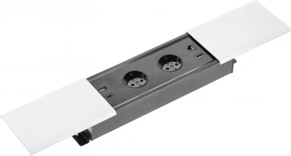 Priza incorporabila in blat Prestino GTV, 2 prize Schuko, USB A + C, HDMI, RJ45, alb, 310 x 100 mm Aluminiu plastic, Alb, L:310 mm; l:100 mm; H:58
