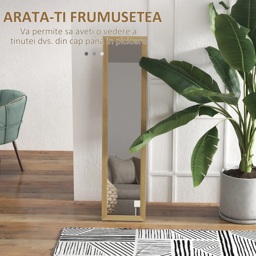 HOMCOM Oglindă cu Ramă din MDF, Picioare și Cârlige pentru Utilizare pe Podea sau pe Perete, 37x40x155 cm, Lemn Natural | Aosom Romania