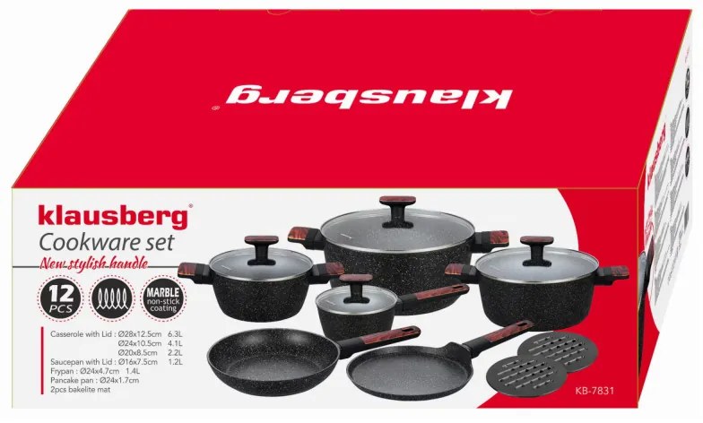 Set oale si tigai Klausberg KB 7831, 12 h, Aluminiu turnat, Acoperire din marmura, Inductie, Negru