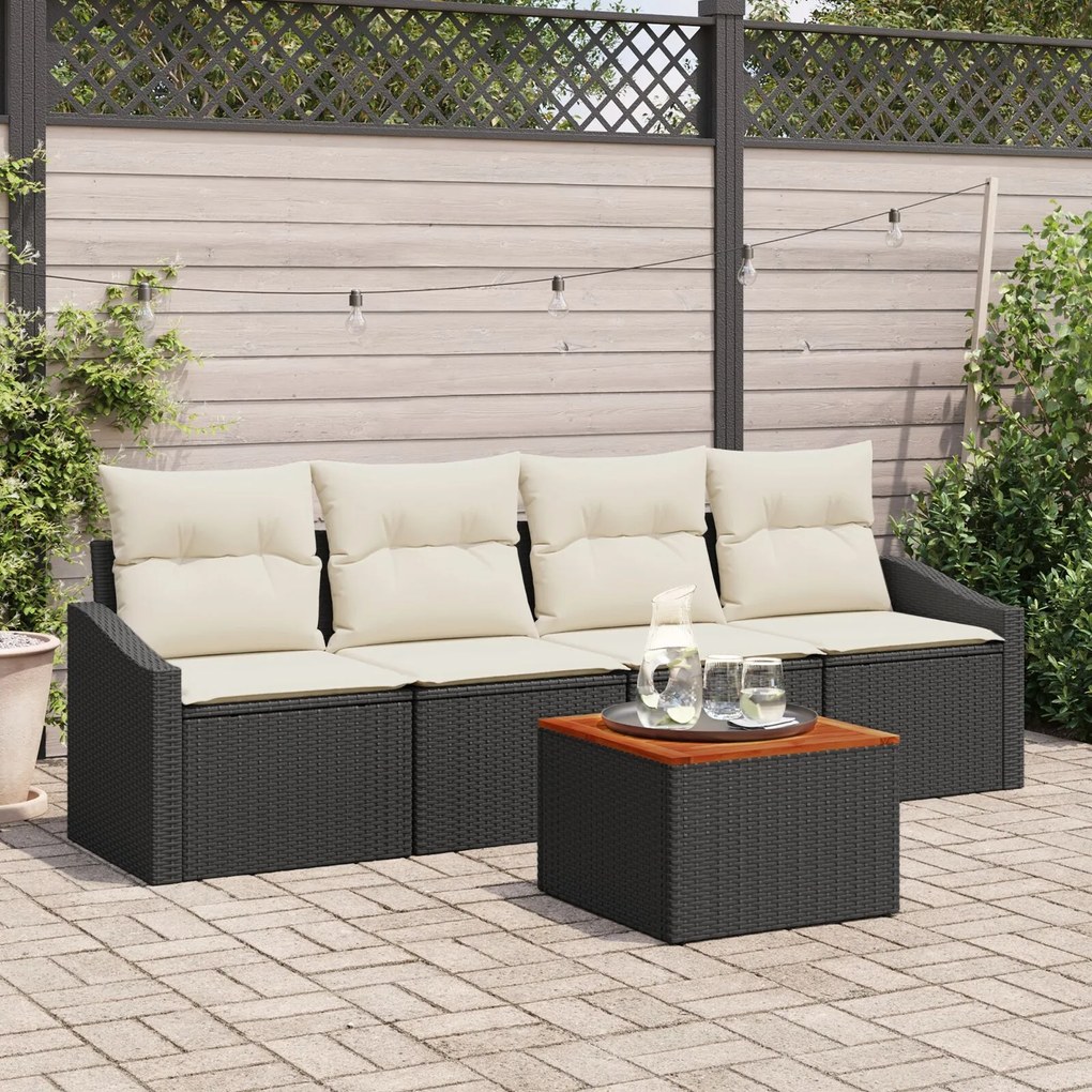 vidaXL Set de canapea de grădină 5 piese cu perne, rattan negru, acacia