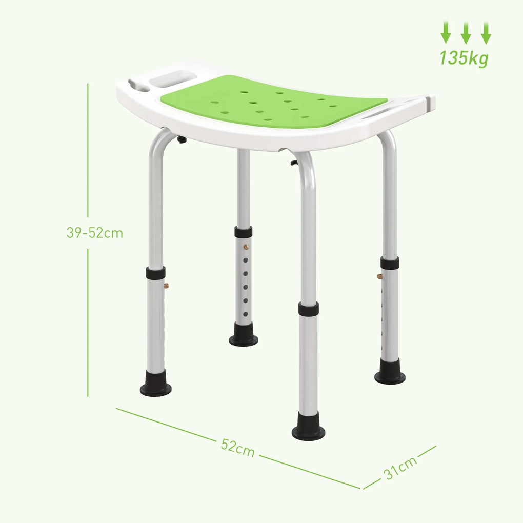 HOMCOM Scaun de Duș reglabil în Înălțime Taburet de Duș Ergonomic Picioare anti-alunecare Greutate Max. 135 kg aluminiu HDPE Verde | Aosom Romania