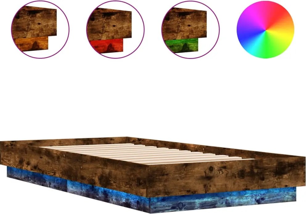 vidaXL Cadru de pat cu lumini LED, stejar fumuriu, 90x190 cm
