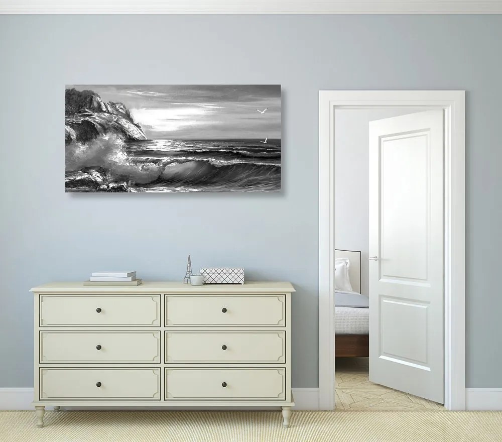 Tablou valuri de mare pe coastă în design alb-negru