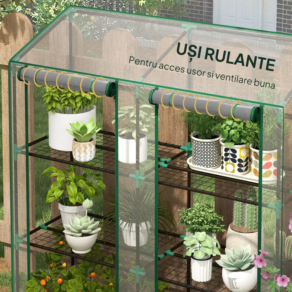 Outsunny Seră de Grădină cu Copertină din PE, Seră cu Acoperiș Înclinat, 2 Uși Rulante și 6 Rafturi, 143x46x151cm, Verde | Aosom Romania