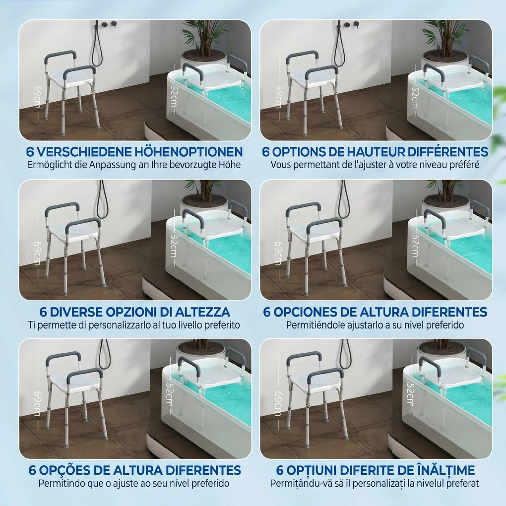 HOMCOM Scaun Reglabil de Duș cu Mânere, Multicolor | Aosom Romania