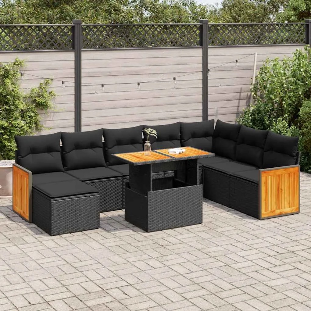 3327744 vidaXL Set canapele grădină perne 7 piese negru, poliratan/lemn acacia