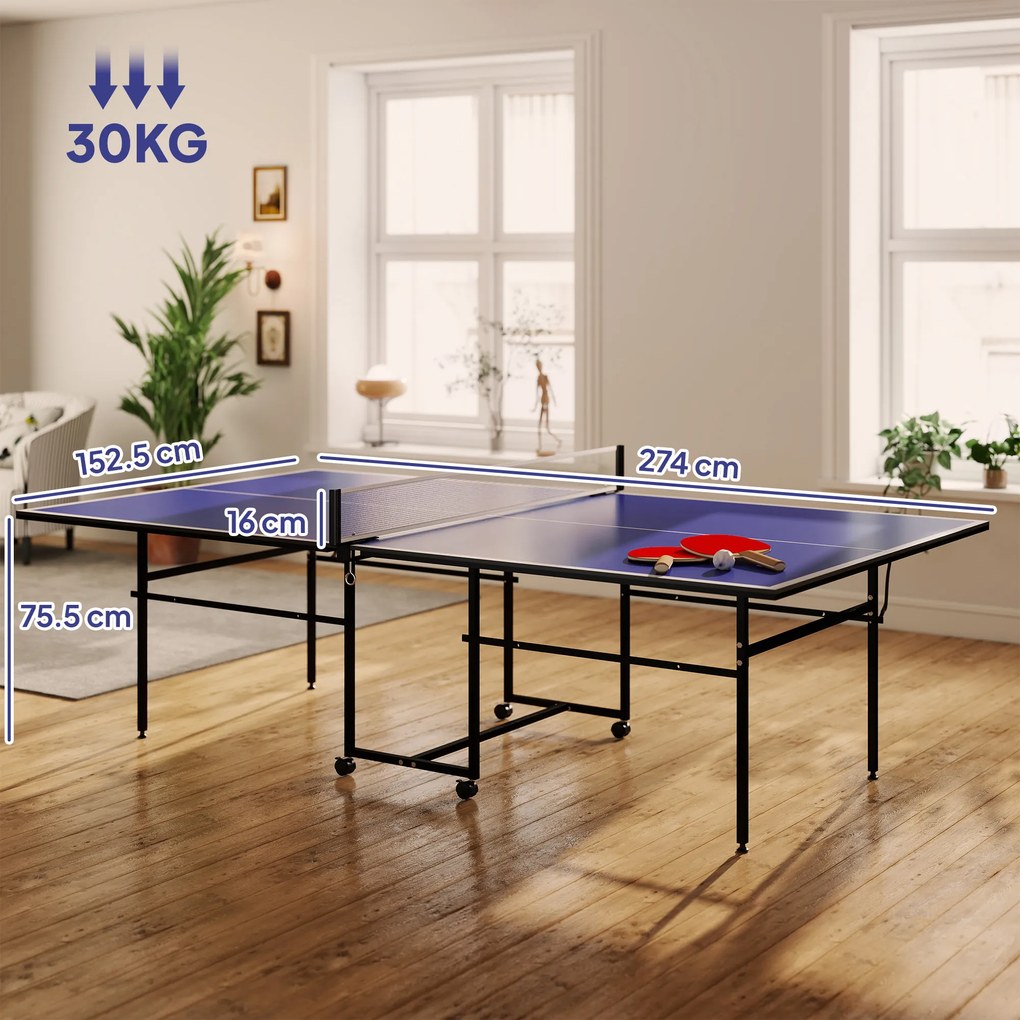 SPORTNOW Masă de Ping Pong Pliabilă cu Roți, Plasă și Palete pentru Interior | Aosom Romania