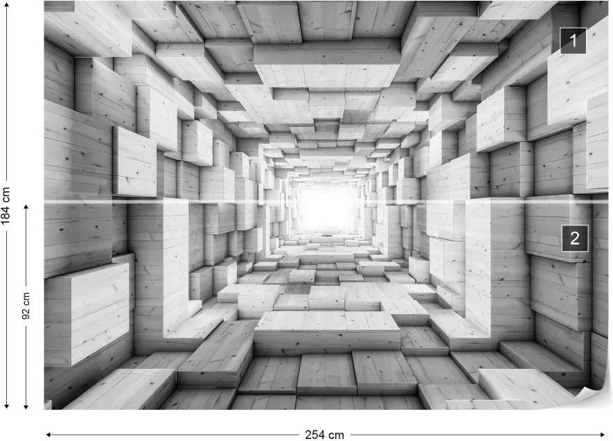 GLIX Fototapet - 3D Wood Tunnel Optical Illusion Black And White Vliesová tapeta  - 254x184 cm