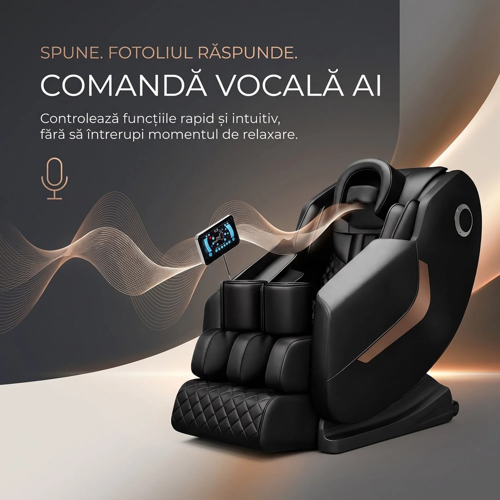 Fotoliu masaj GAIUS ULTRA PRO cu comanda vocala AI, Zero Gravity si incalzire lombara, Negru
