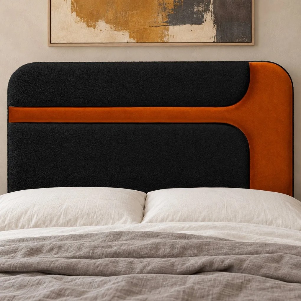 Pat tapițat Isadora 180×200 cm, negru + cărămiziu, cu ladă de depozitare