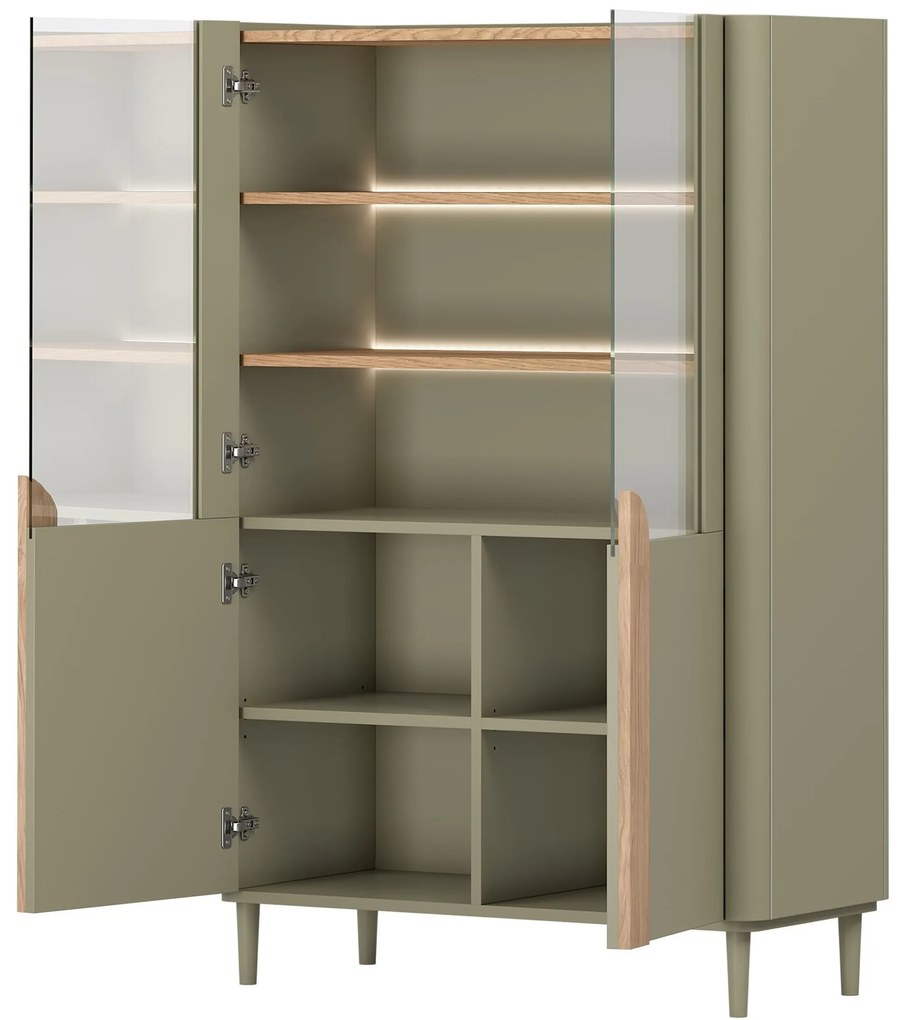 Vitrină Amilio 100 cm cu două uși pe picioare - eucalipt / stejar baltic dune / mânere stejar natural