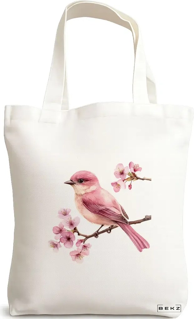 Sacosa de Panza pentru Cumparaturi, Geanta Tote, model Rose bird on the tree 38 x 34.5 cm, Alba, BEKZ®
