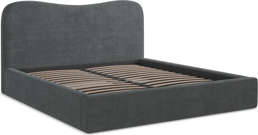 Pat matrimonial gri închis tapițat cu spațiu de depozitare cu somieră 180x200 cm Kahai – Makamii
