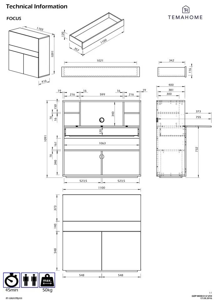 Birou cu dulap Focus White/Oak, 110 x 42 x 109 cm