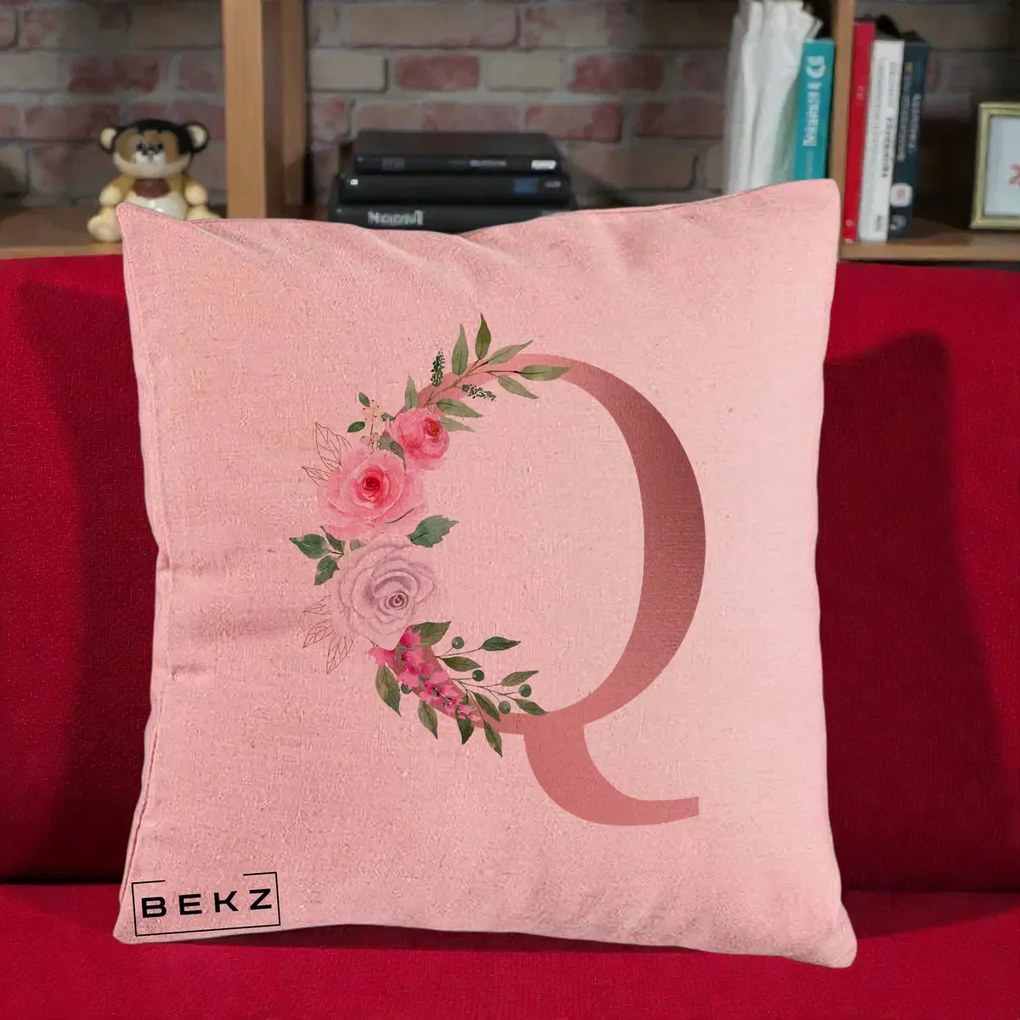 Cadou Personalizat - Perna Personalizata Monograma Rose Gold Litera Q, 40x40 cm, Roz, Husa Detasabila, Perna Inclusa, BEKZ®