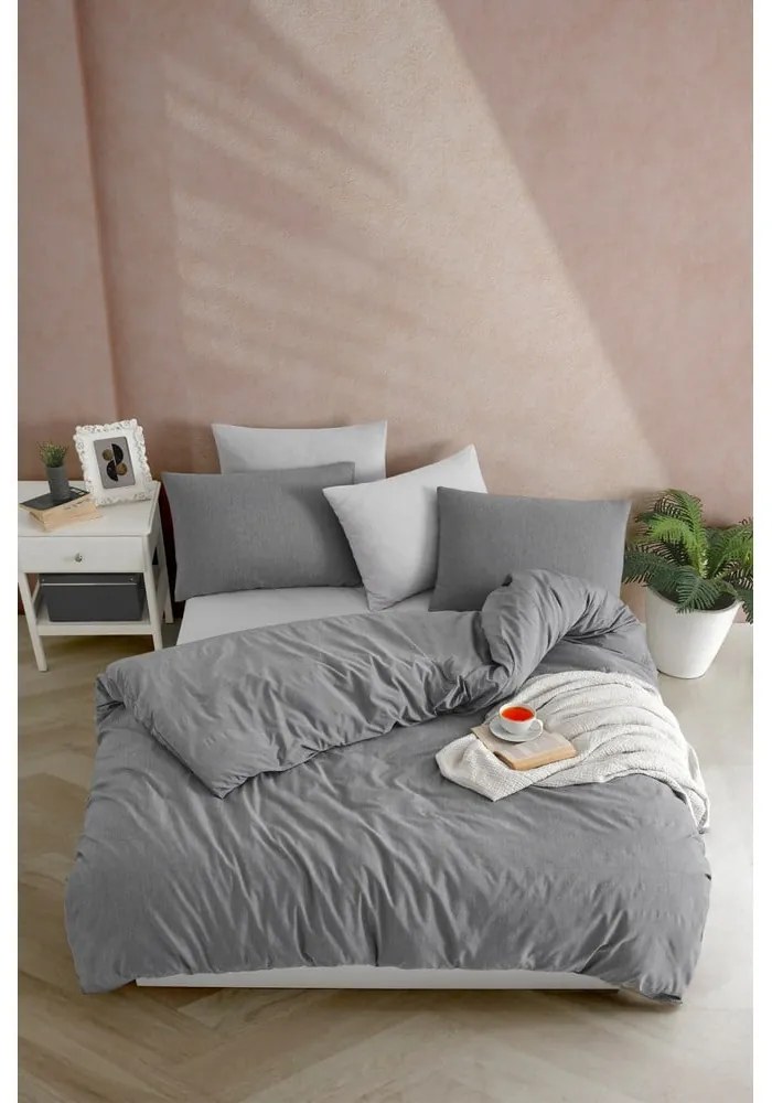 Lenjerie de pat gri antracit pentru pat de o persoană 140x200 cm Yarn Dyed – Mijolnir
