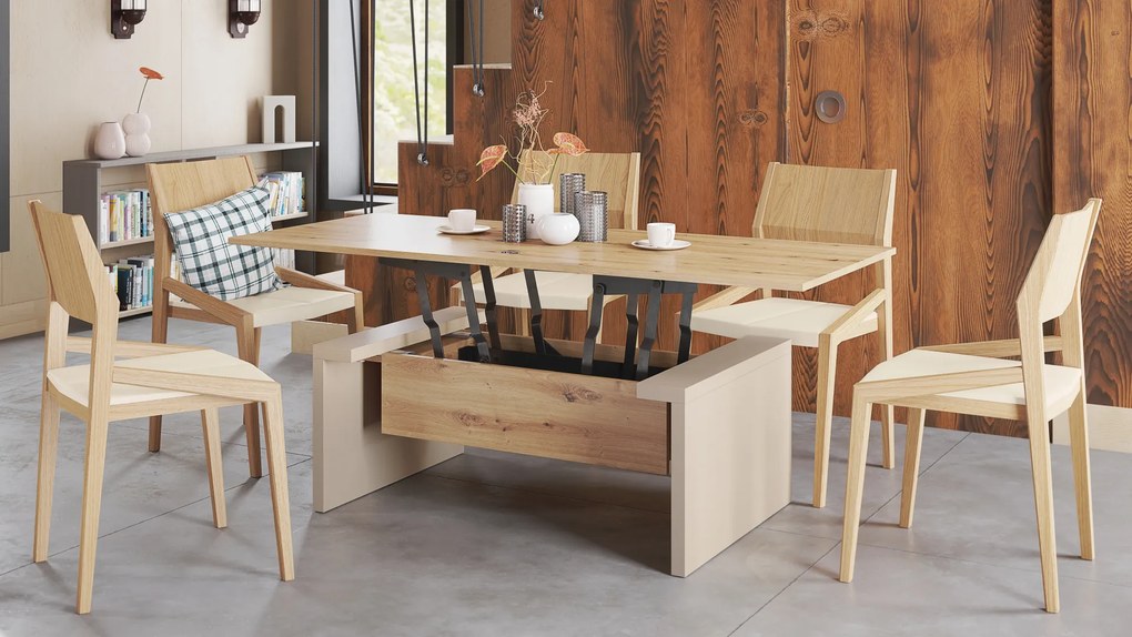 Mazzoni SPACE Stejar Artisan/Bej (Șampanie) - MĂSUȚĂ EXTENSIBILĂ CU RIDICAREA BLATULUI MĂSUȚĂ DE CAFEA