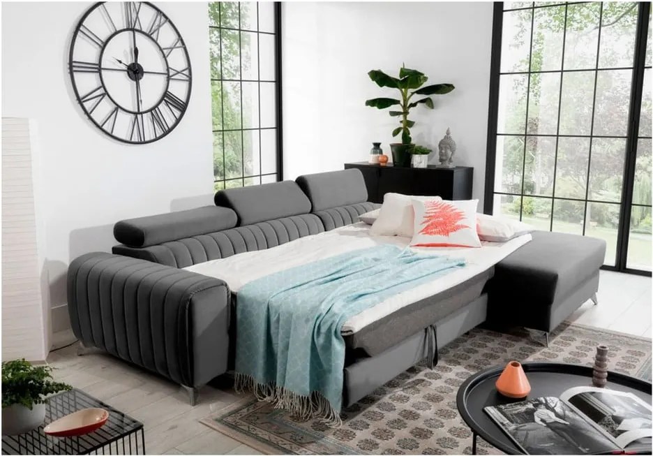 Colțar gri închis extensibil/cu spațiu de depozitare cu tapițerie din catifea (cu colț pe partea dreaptă/cu șezlong) Grayson – ELTAP