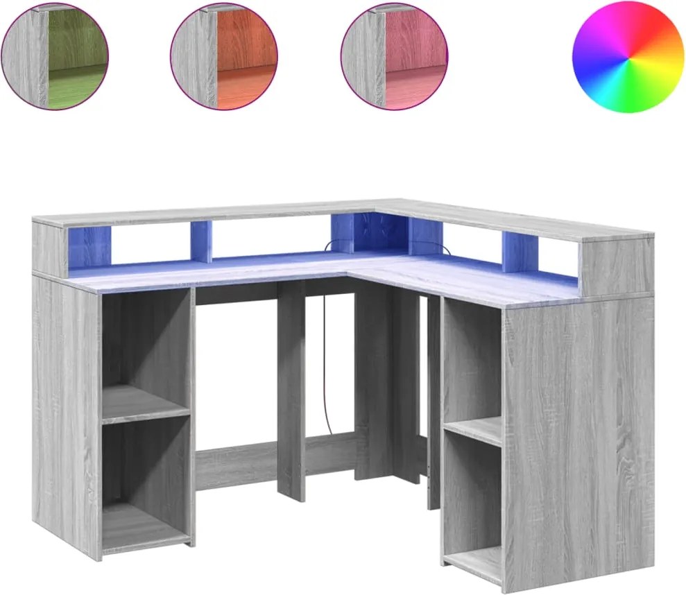 vidaXL Birou cu lumini LED, gri sonoma, 130x130x91 cm, lemn prelucrat