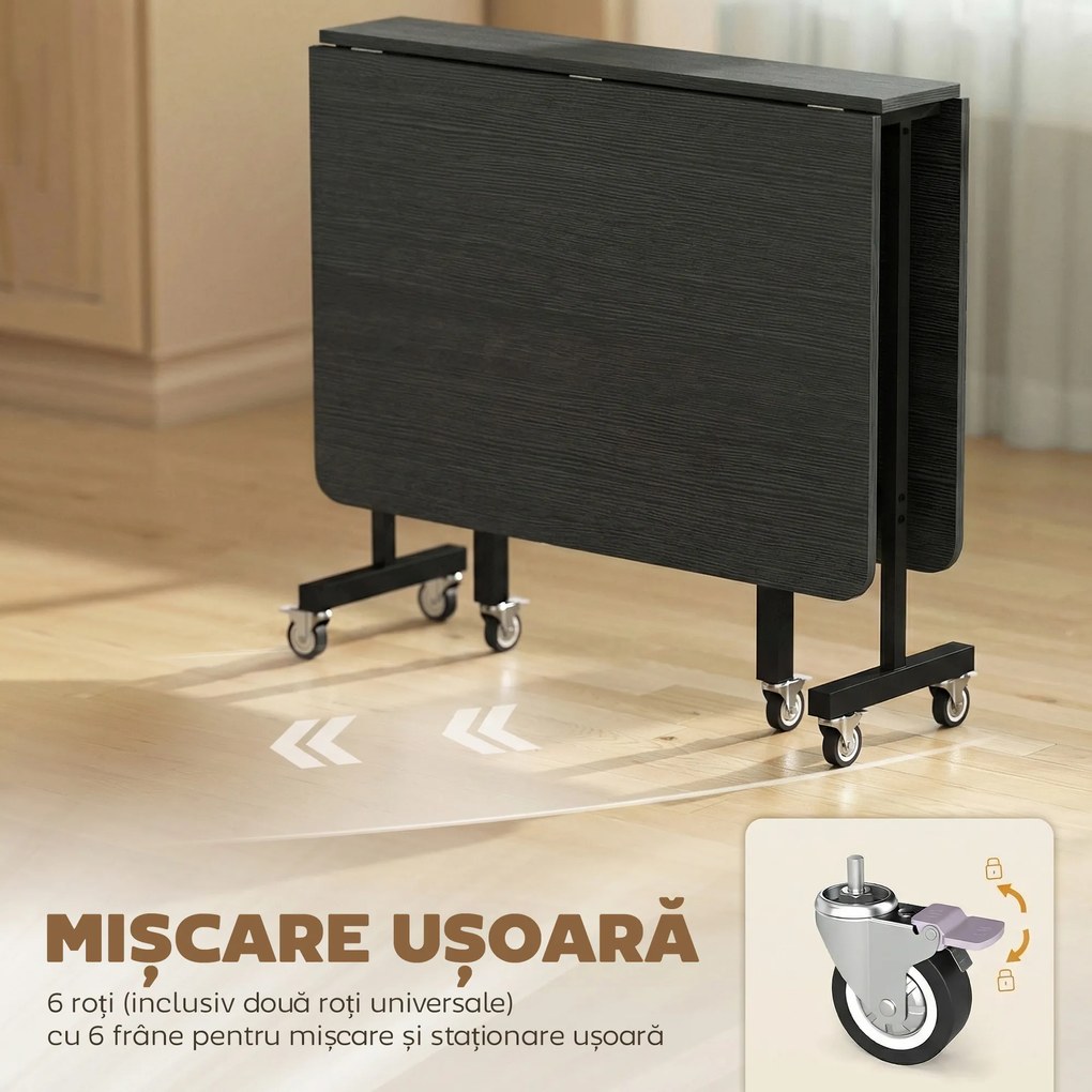 HOMCOM Masă de Dining Pliabilă, Masă de Bucătărie Rabatabilă cu Roți cu Frână pentru 4-6 Persoane, Birou Compact cu Cadru din Oțel, pentru Living, 120x80x73 cm, Negru cu Efect de Lemn | Aosom Romania