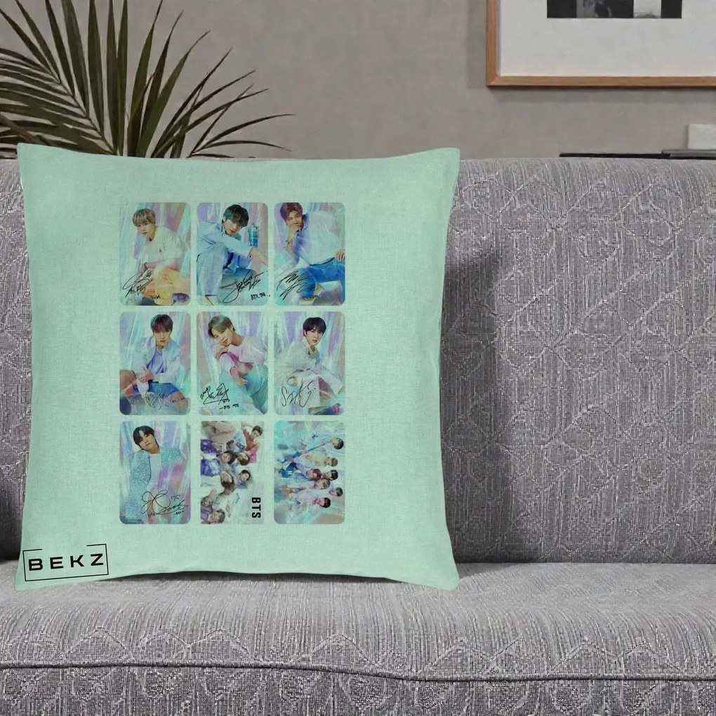 Perna Personalizata K-pop BTS Colaj 9 Fotografii Autografe Individual, 40x40 cm, Verde Menta, Husa Detasabila, Perna Inclusa, BEKZ®