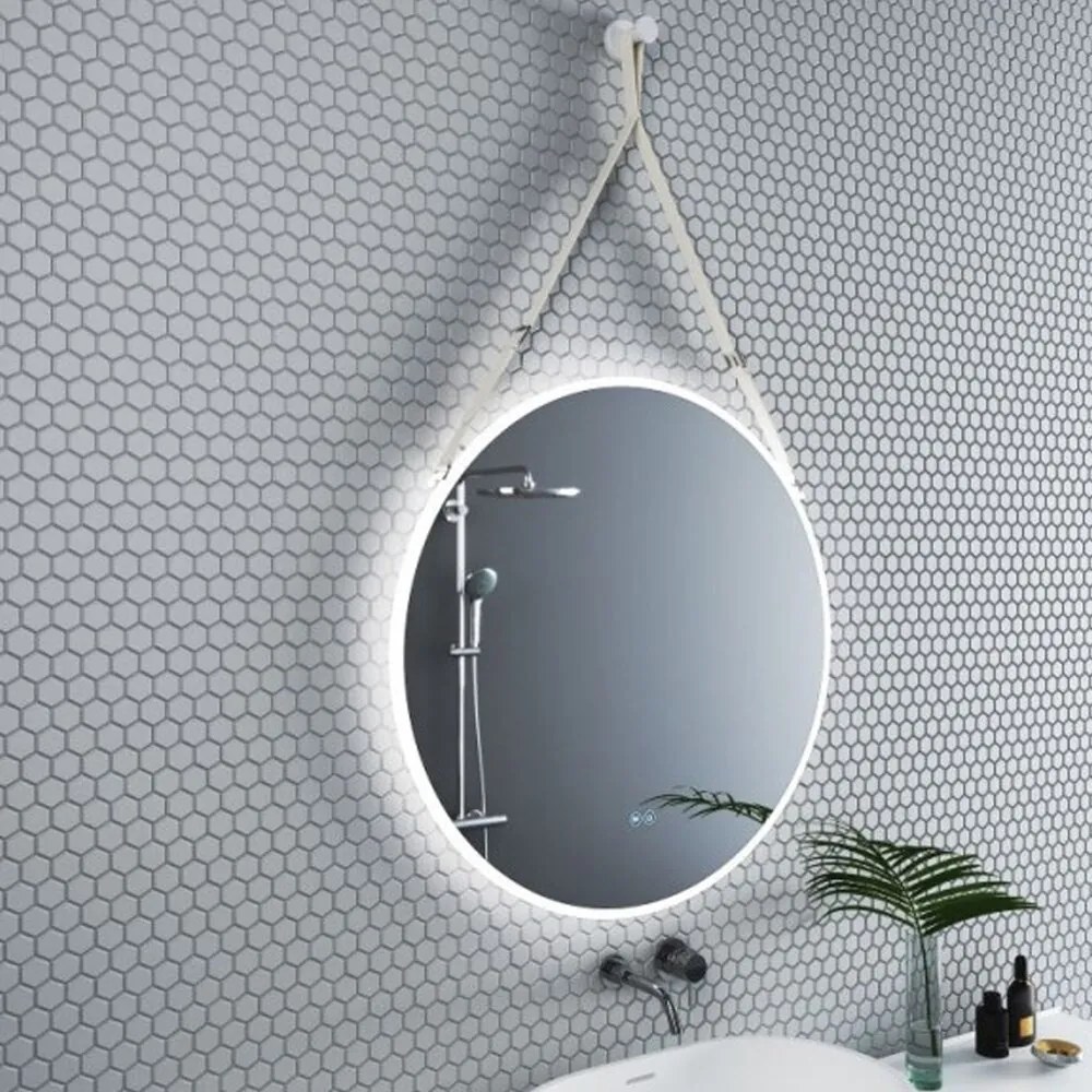 Oglinda cu iluminare si dezaburire Inter Ceramic forma rotunda 80 cm curea alba