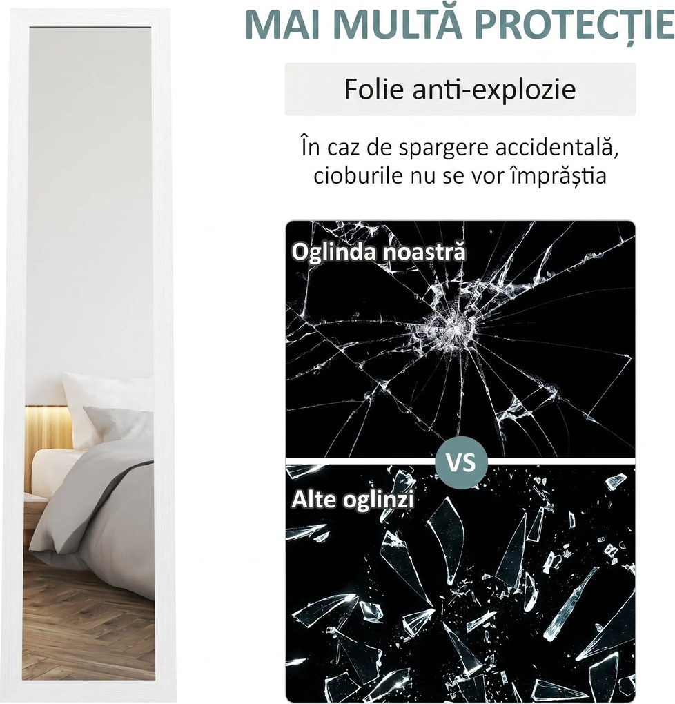 HOMCOM Oglindă cu Ramă din MDF, Picioare și Cârlige pentru Utilizare pe Podea sau pe Perete, 37x40x155 cm, Alb | Aosom Romania