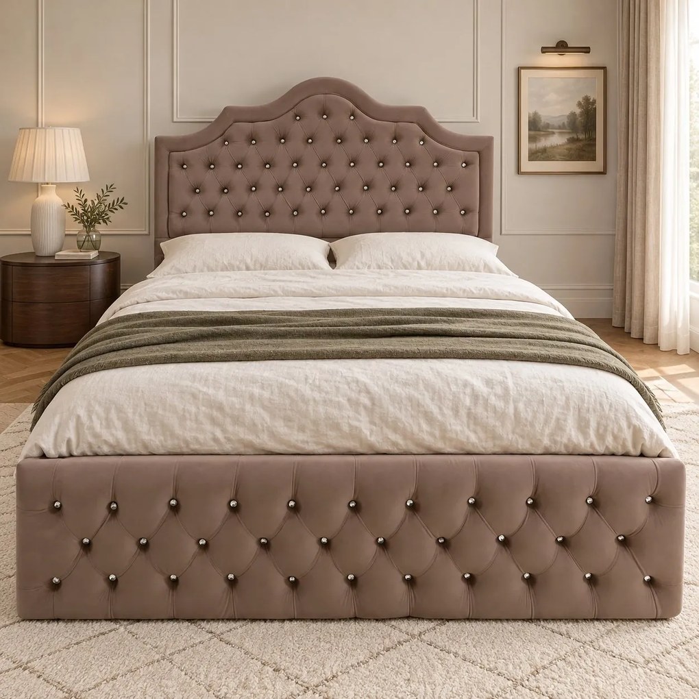 Pat tapițat Chesterfield din catifea Imperio Deluxe 140×200 cm, cappuccino, cu ladă de depozitare